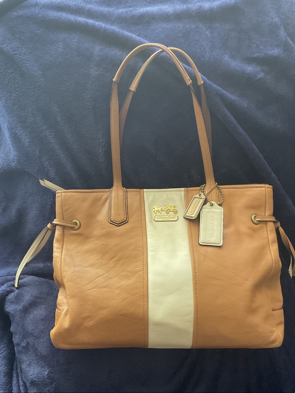 Coach Tan Leather Tote with Cream Center Stripe